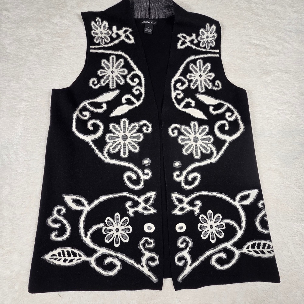 Lauren Michelle Sweater Vest Women S Black‎ White  Floral Knit Artsy Boho
